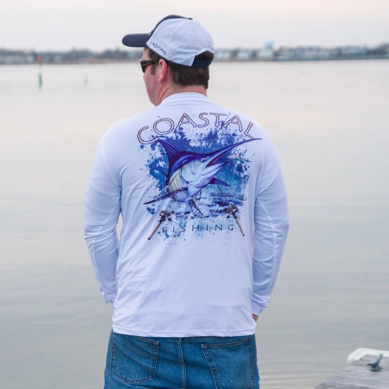 CoastalWhiteMen'sLongSleeveQuickDryFishingShirt-MarlinDesign